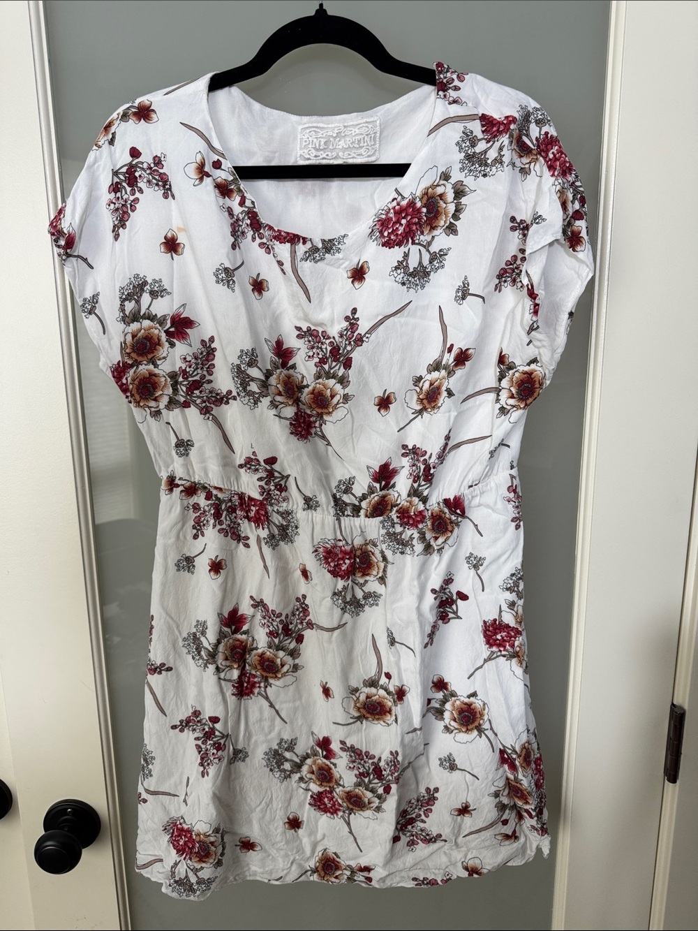 Pink Martini White Midi Dress with Red and Brown Floral Pattern